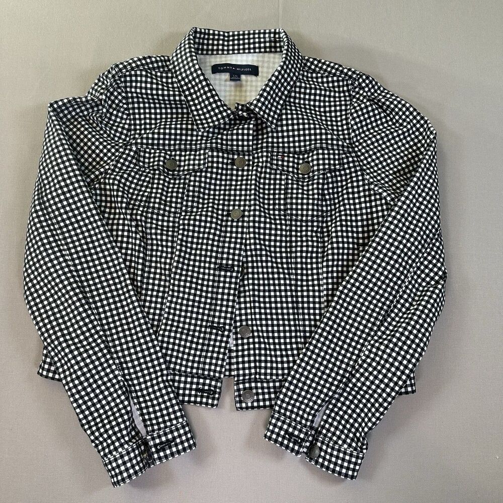 Tommy Hilfiger White Crop Jacket Black white Checkered Size Large Women’s Y2K
